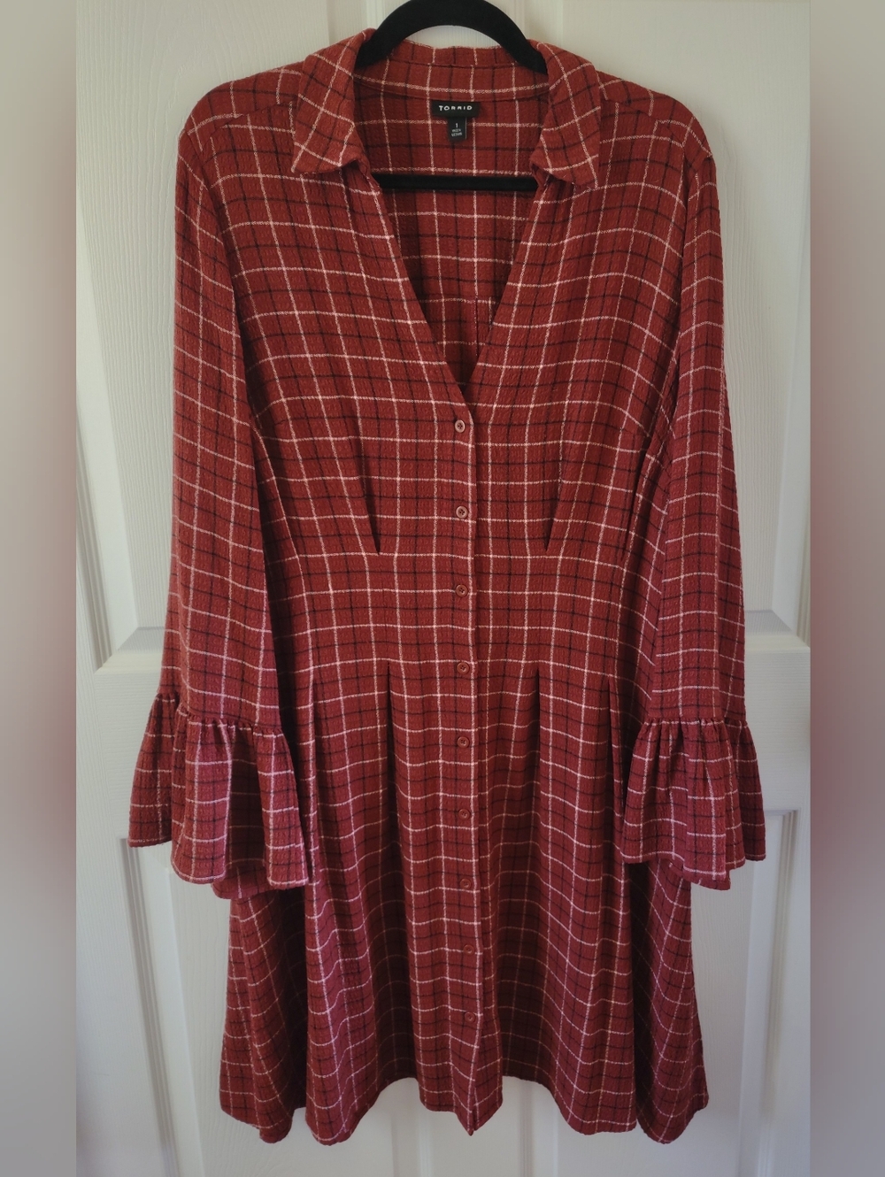 TORRID SIZE 1 / 1X Brown Plaid Gauze Long Bell Sleeve Mini Shirt Dress, Buttons - Picture 2 of 8